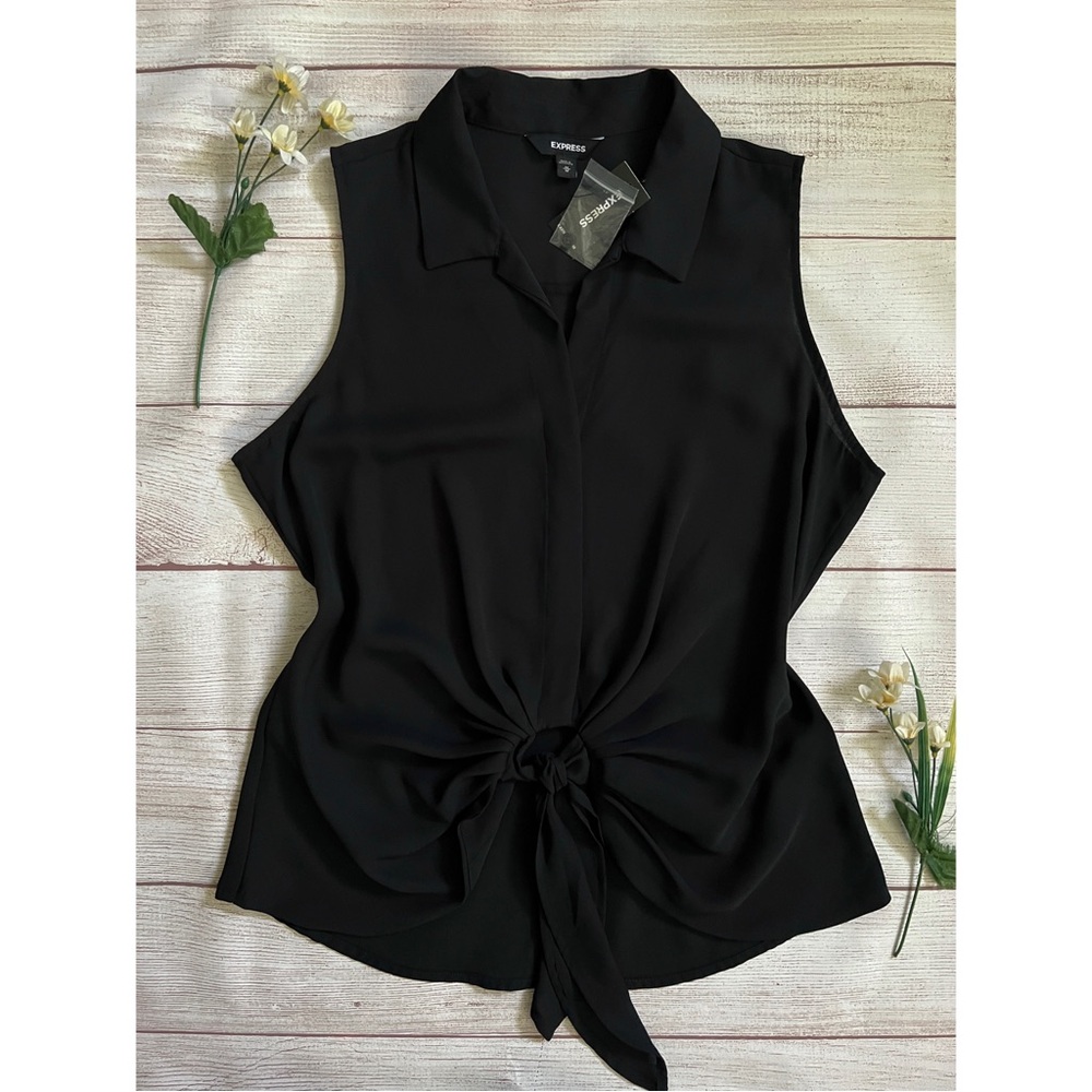 EXPRESS Black Sleeveless Tie-Front Collared Top